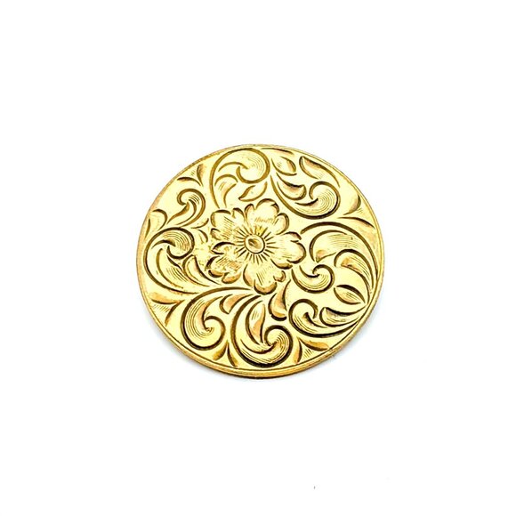 Vintage Lamode Engraved Brooch, Gold Tone Round Floral Lapel Pin - Picture 1 of 2